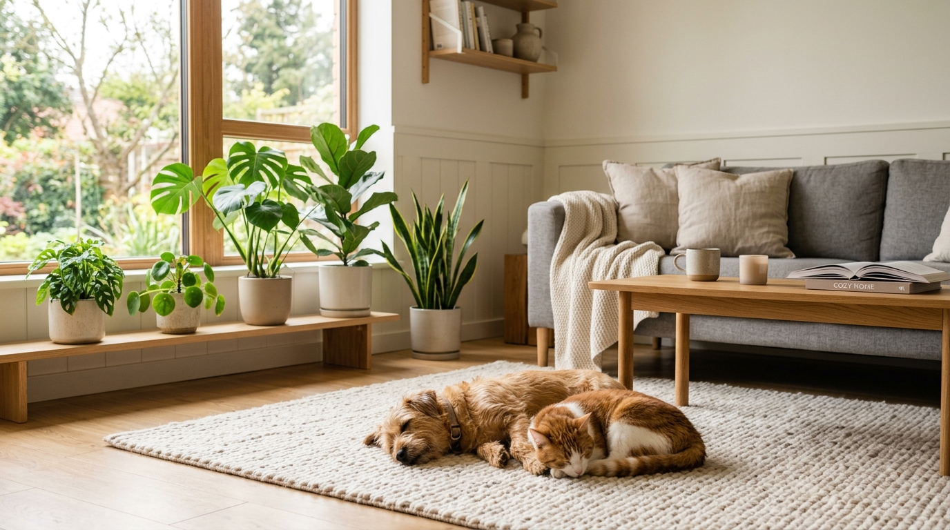 Hund och katt som vilar tillsammans i ljust skandinaviskt vardagsrum